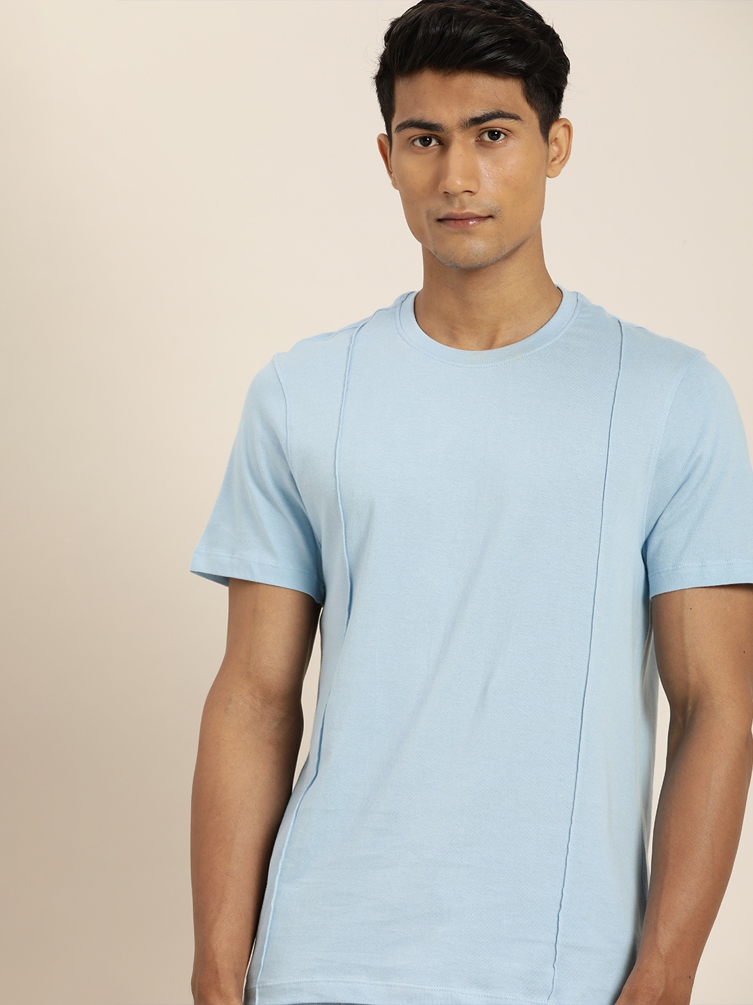 

ether Men Light Blue Solid Regular Fit Pure Cotton T-shirt