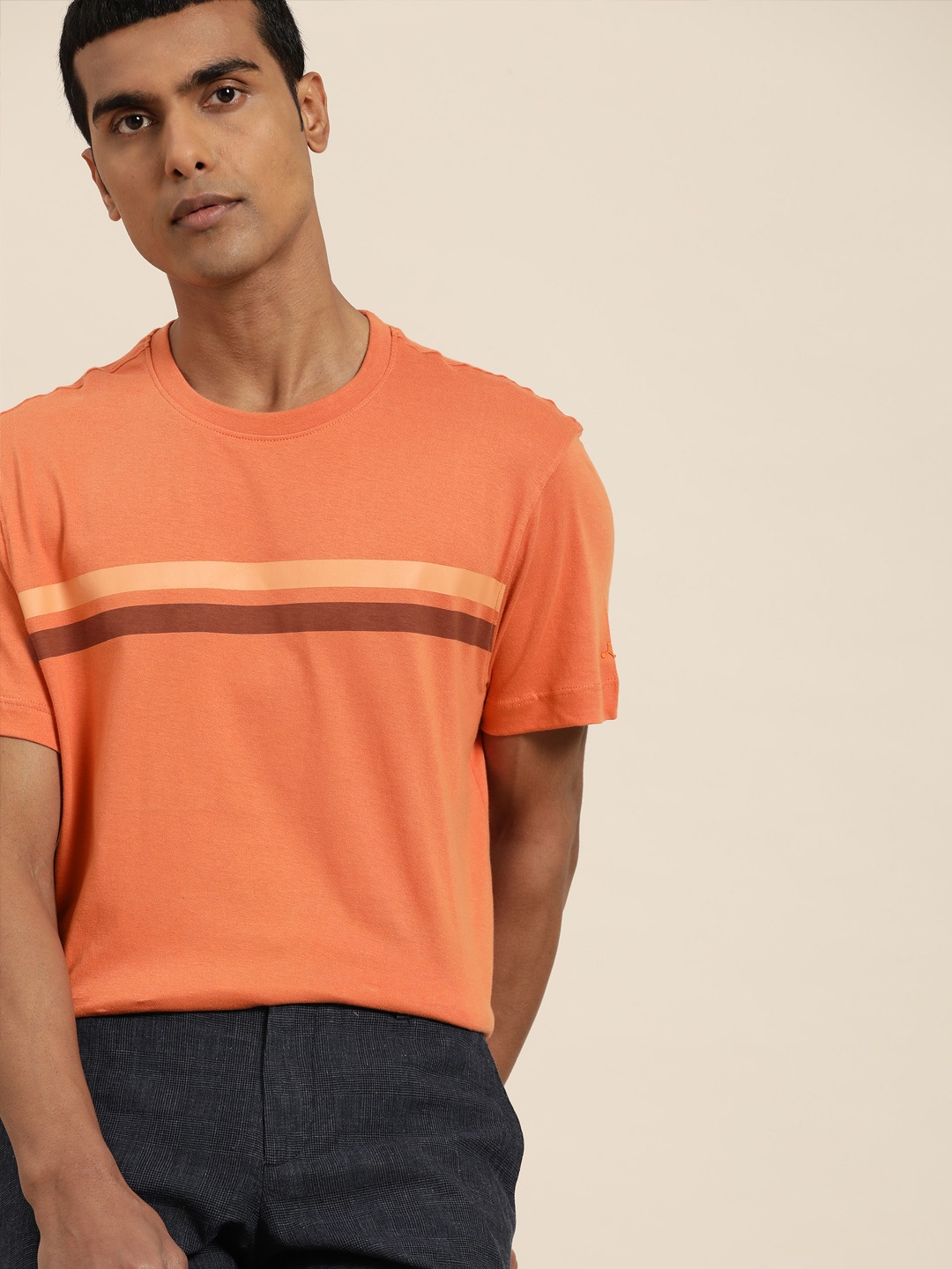 

ether Men Peach-Coloured Pure Cotton Striped T-shirt