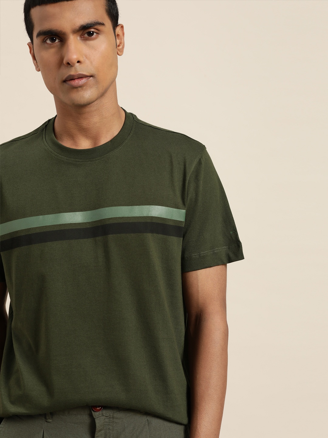 

ether Men Olive Green Pure Cotton Striped T-shirt