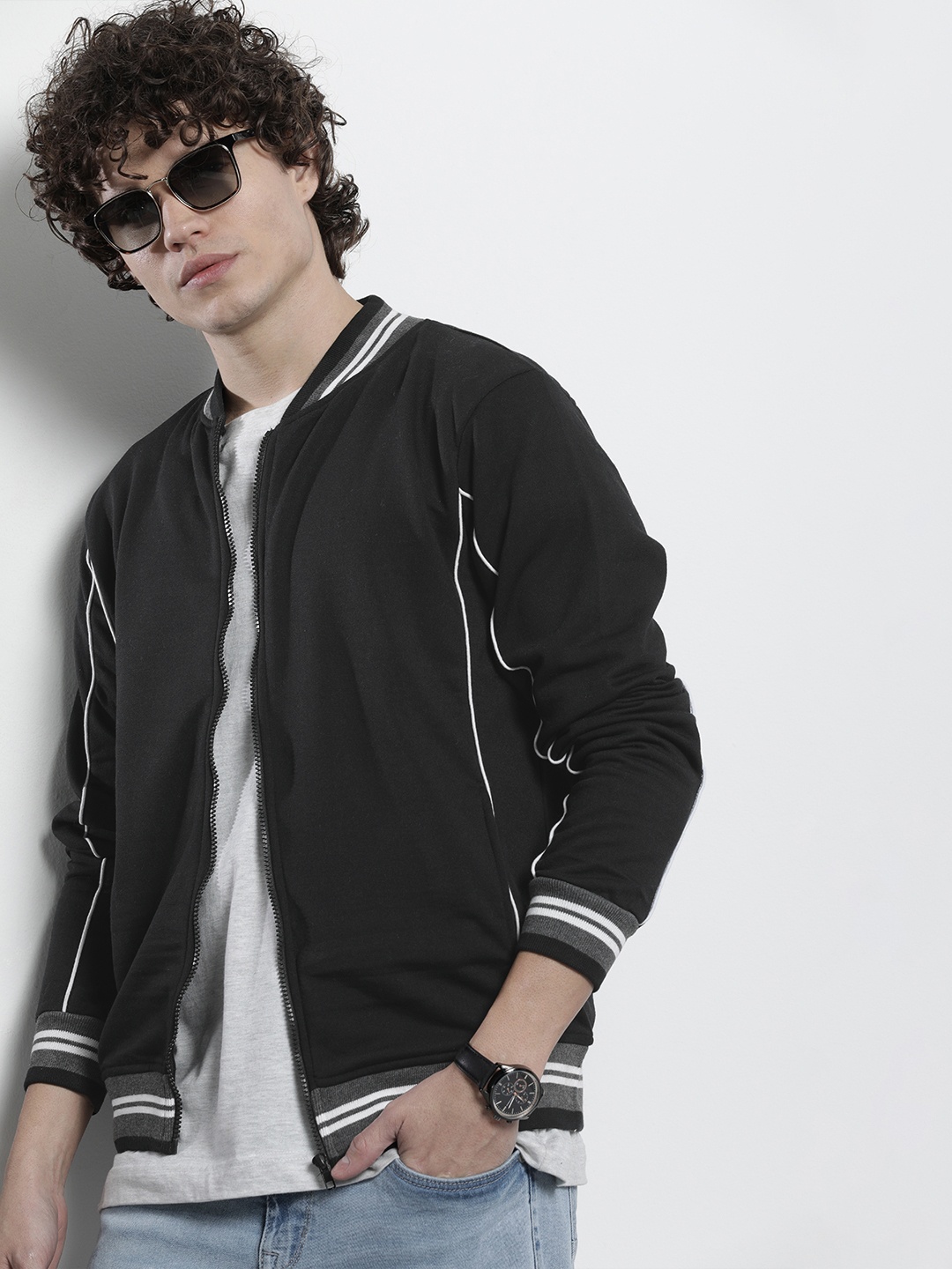 

The Indian Garage Co Men Mock Collar Striped Sweatshirt, Black