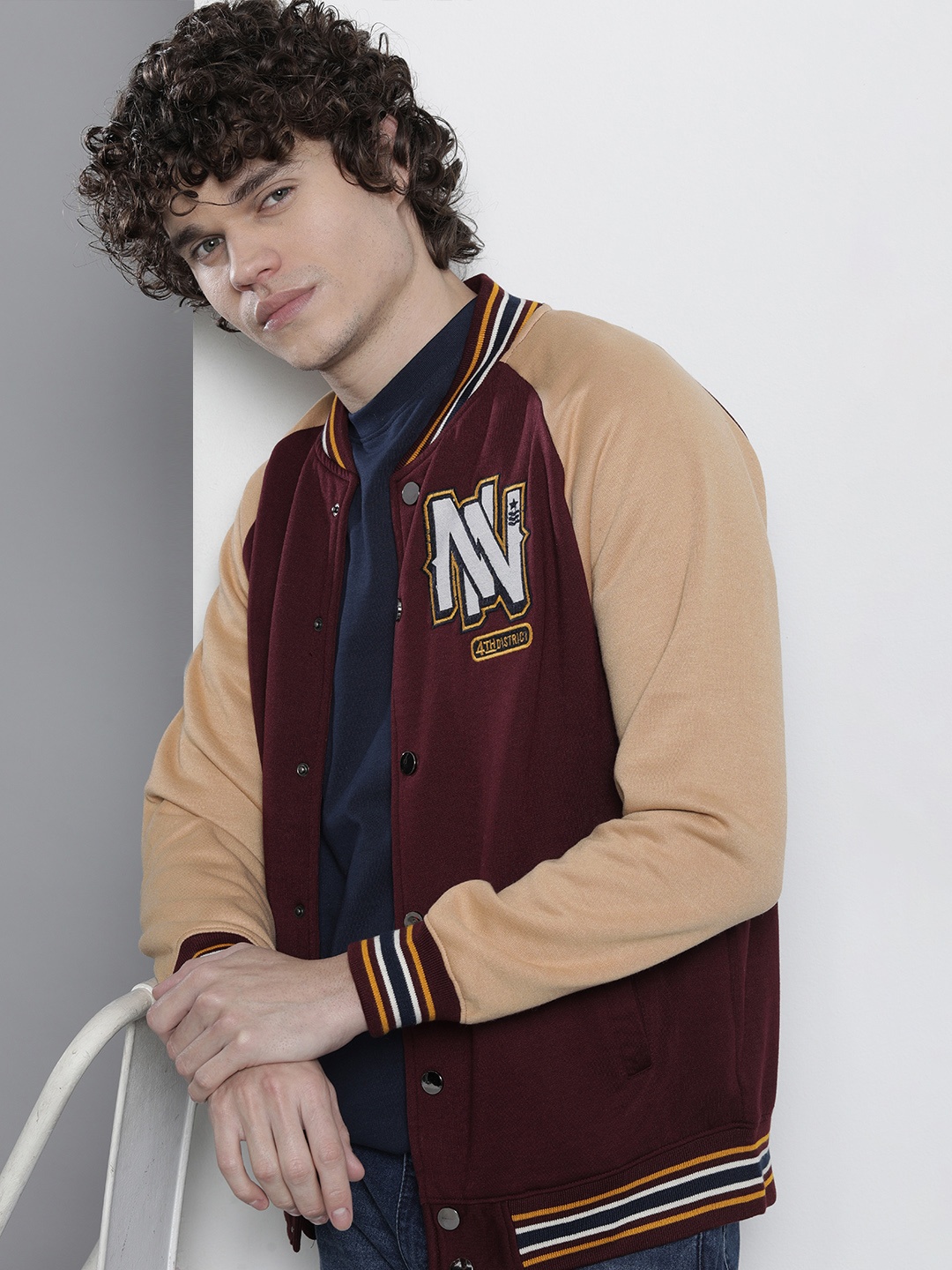 

The Indian Garage Co Men Colourblocked Varsity Jacket, Burgundy