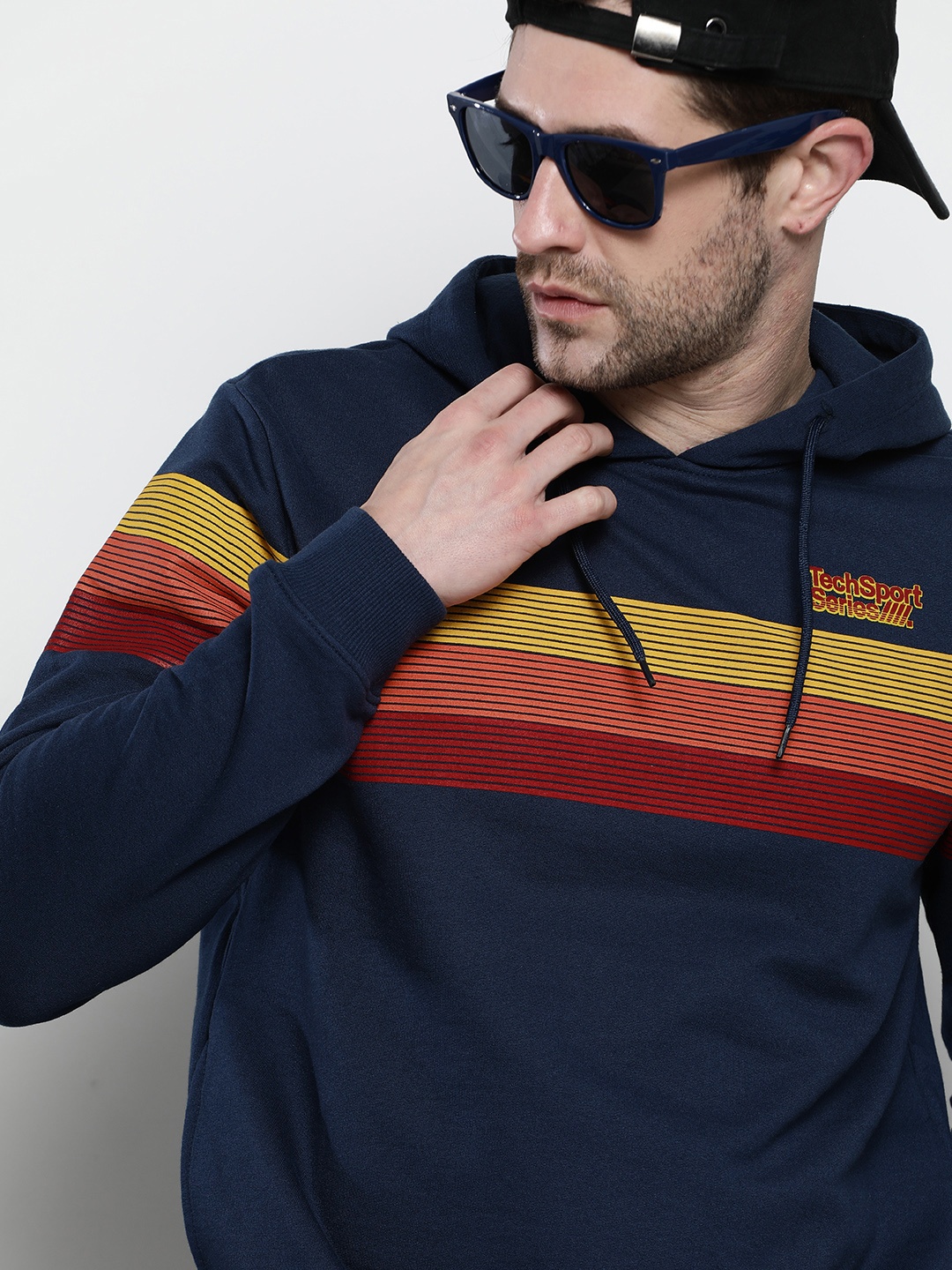 

The Indian Garage Co Men Navy Blue Striped Hooded Sweatshirt