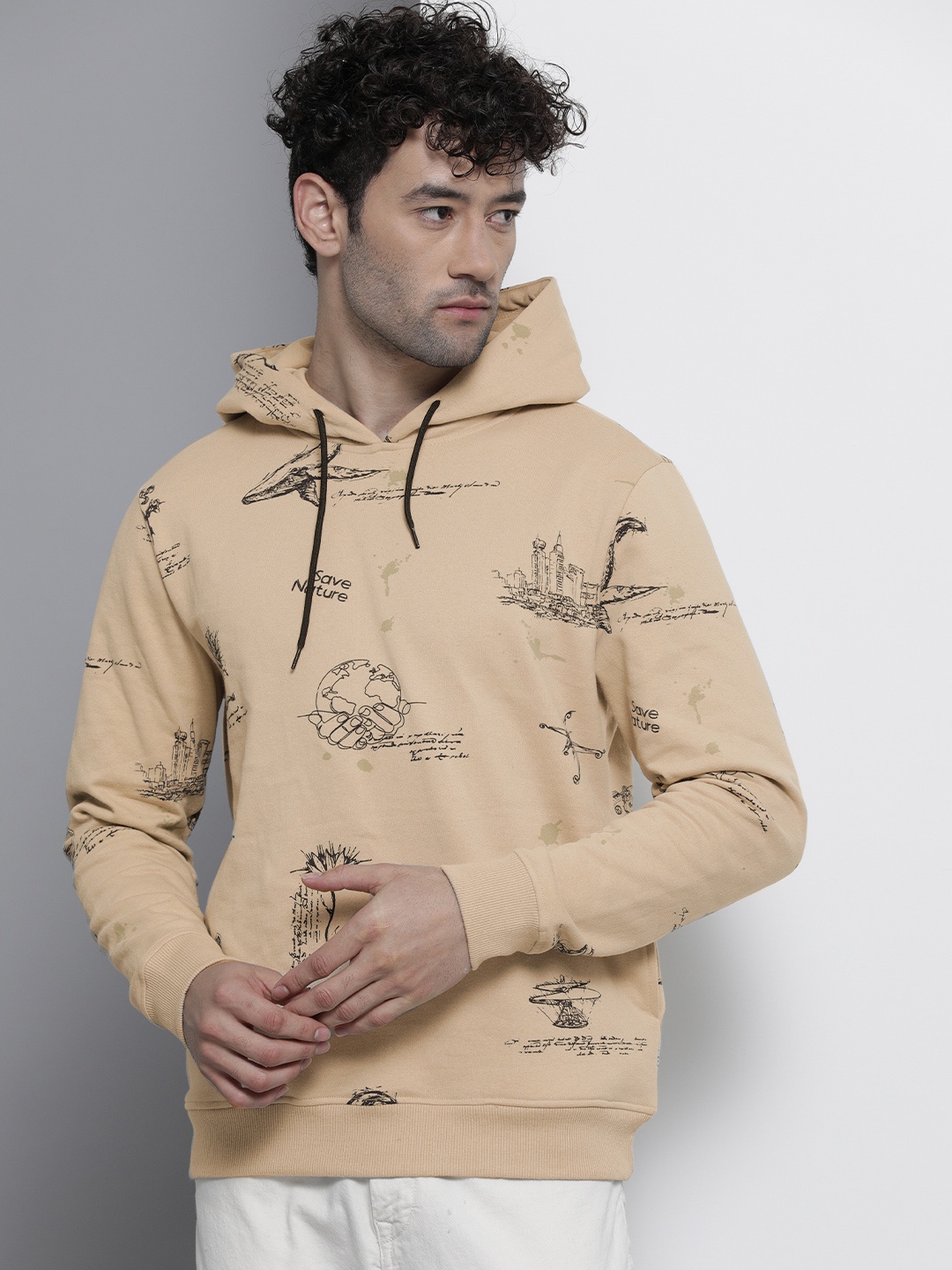

The Indian Garage Co Men Beige Printed Hooded Sweatshirt