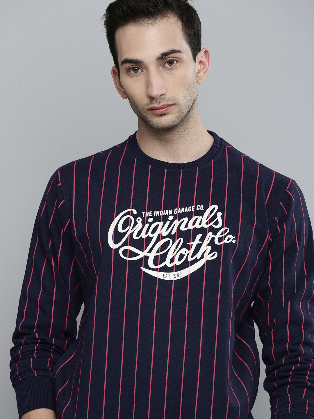 

The Indian Garage Co Men Navy Blue Striped Sweatshirt