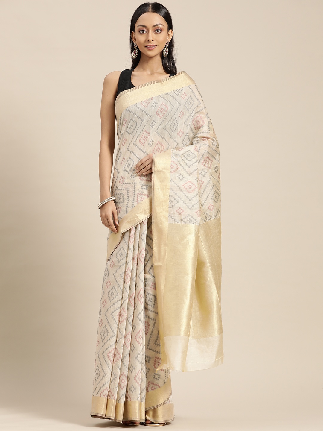 

Mitera Cream-Coloured & Off White Woven Design Zari Saree