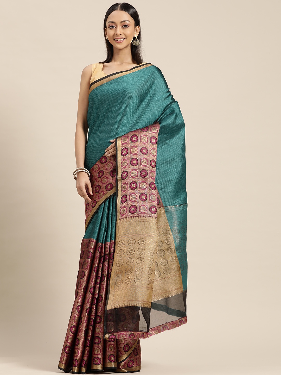 

Mitera Teal & Pink Zari Silk Blend Saree