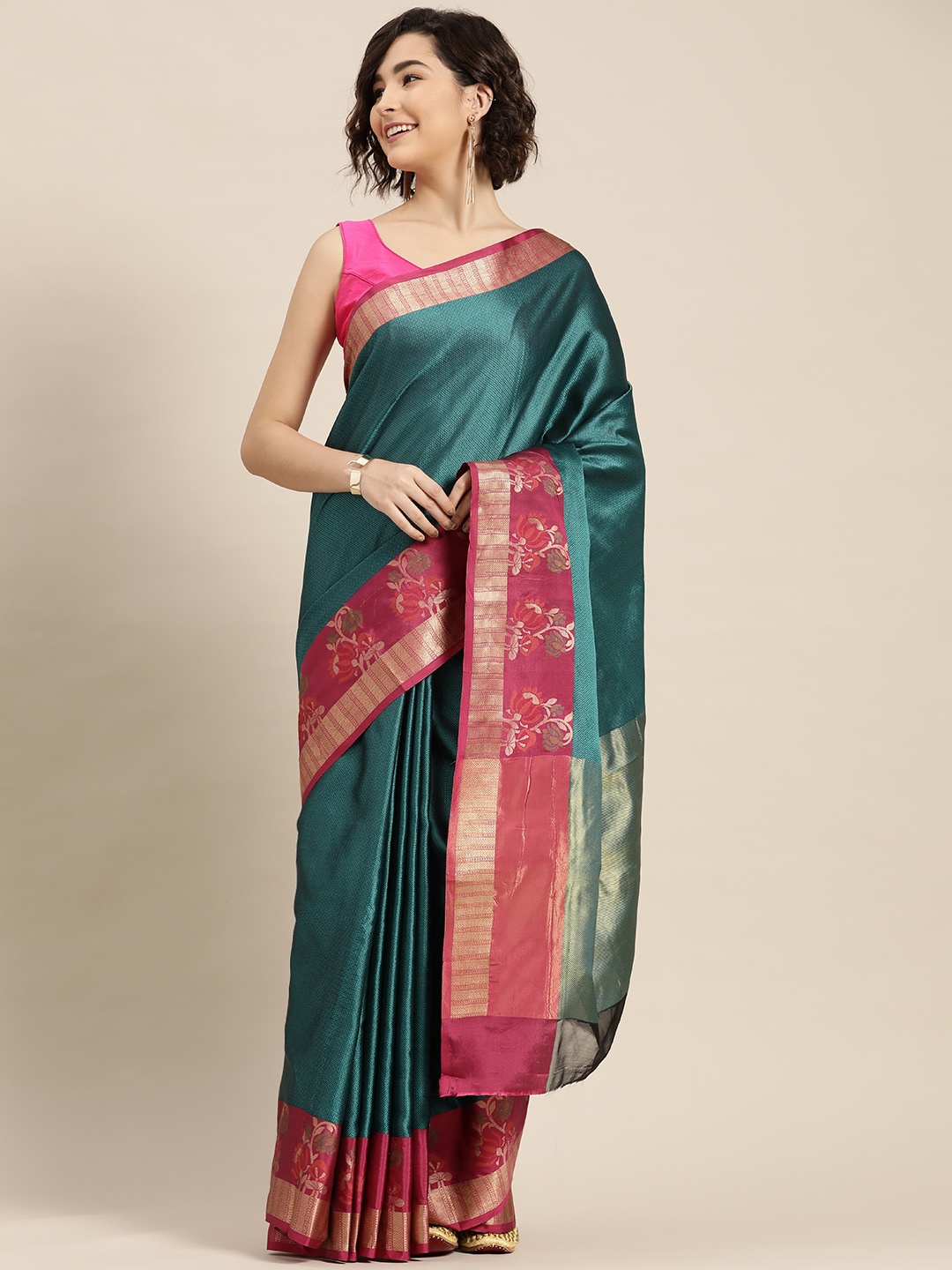 

Mitera Turquoise Blue & Pink Woven Design Zari Silk Blend Saree
