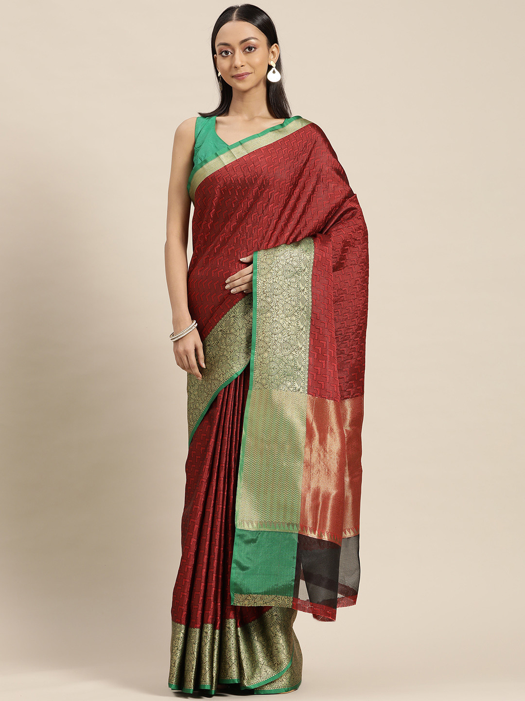 

Mitera Maroon Zari Silk Blend Saree