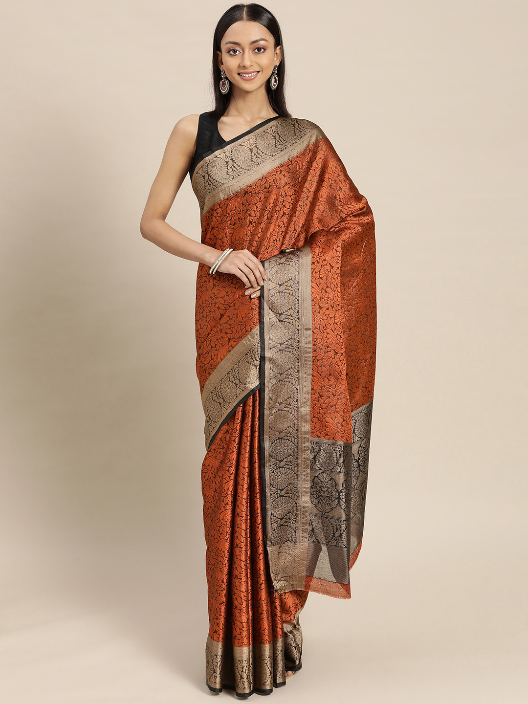 

Mitera Orange & Gold-Toned Woven Design Zari Silk Blend Saree