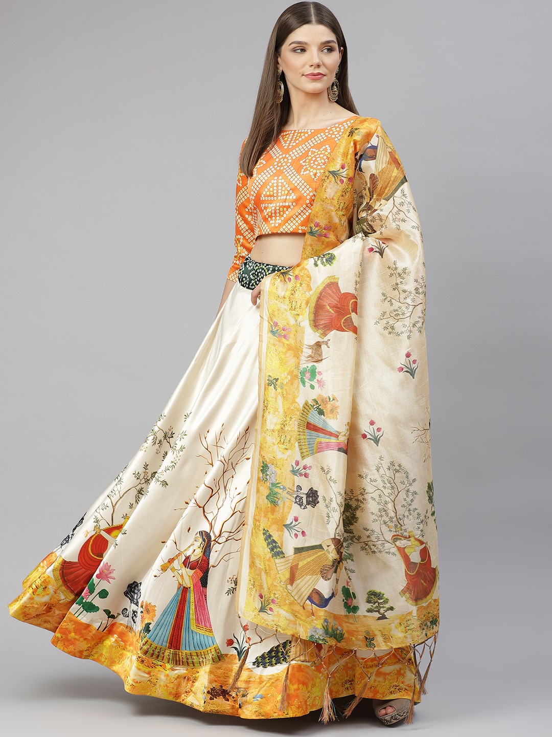 

SHUBHVASTRA Orange & Cream-Coloured Printed Semi-Stitched Lehenga & Unstitched Blouse With Dupatta
