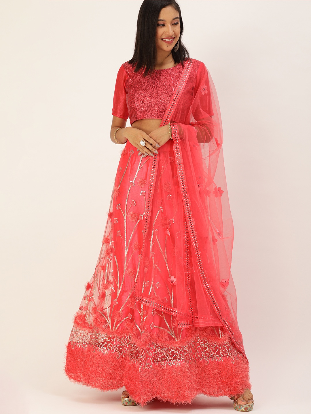 

Mameraa Peach-Coloured Embellished Sequinned Semi-Stitched Lehenga & Unstitched Blouse With Dupatta