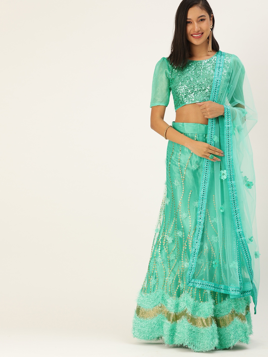 

Mameraa Sea Green Embellished Sequinned Semi-Stitched Lehenga & Unstitched Blouse With Dupatta