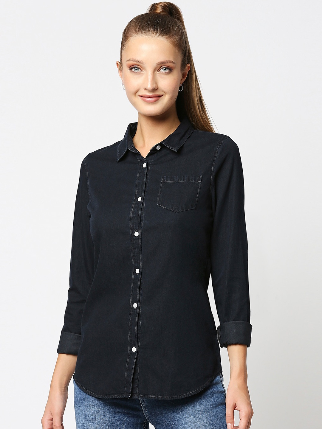 

High Star Women Navy Blue Opaque Casual Shirt
