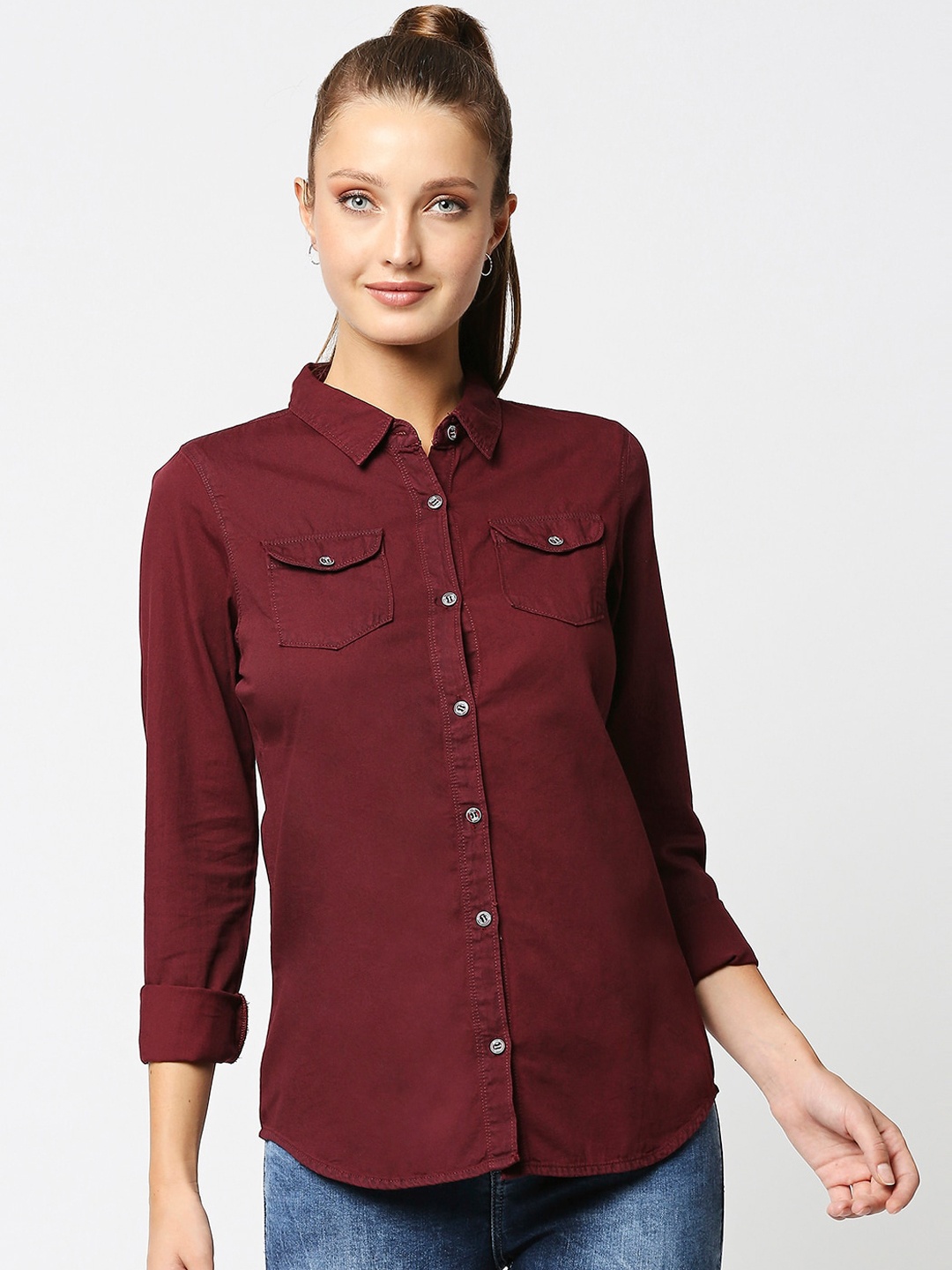 

High Star Women Maroon Opaque Casual Shirt