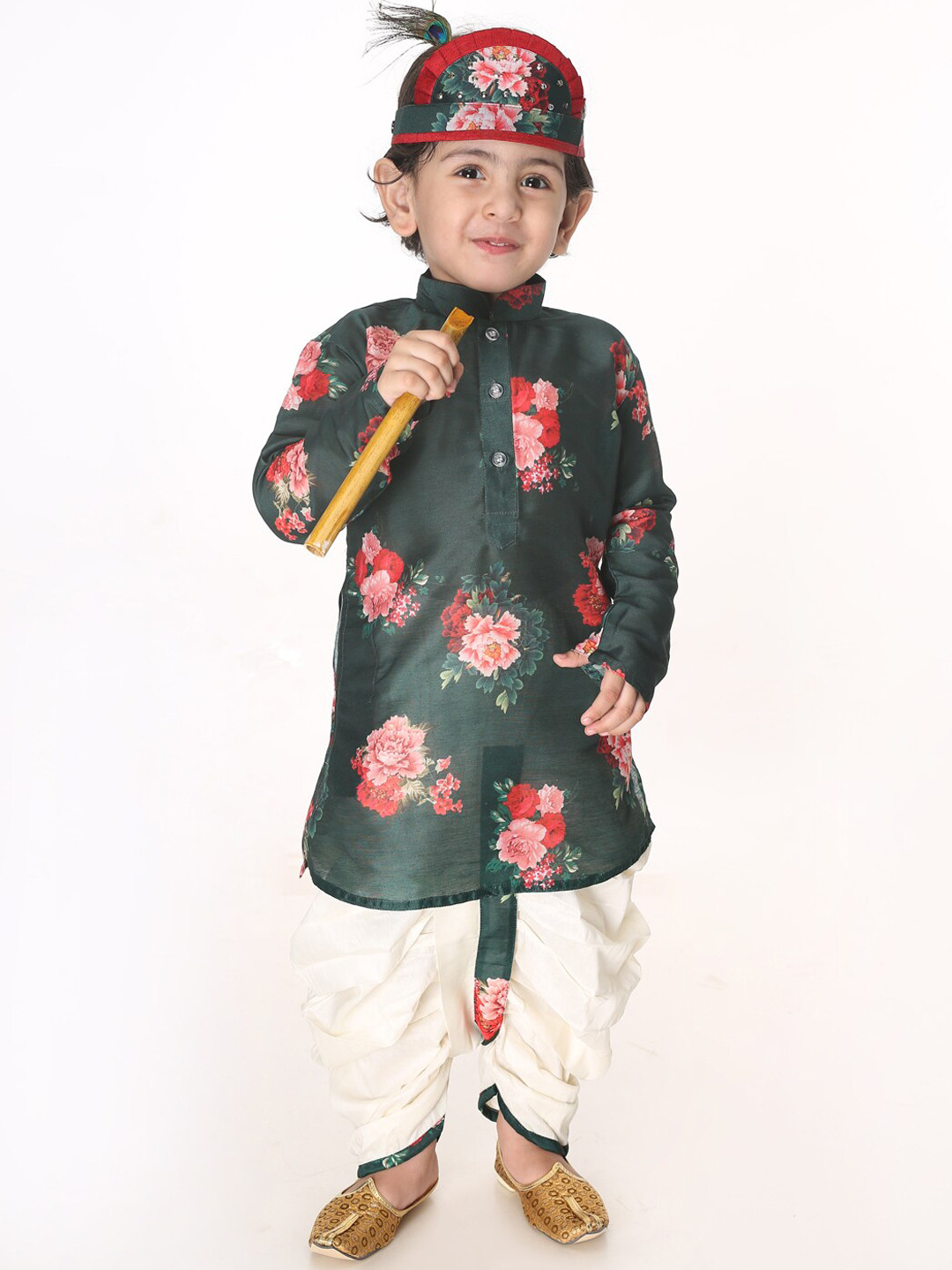 

VASTRAMAY Boys Green Printed Kurti with Dhoti Pants
