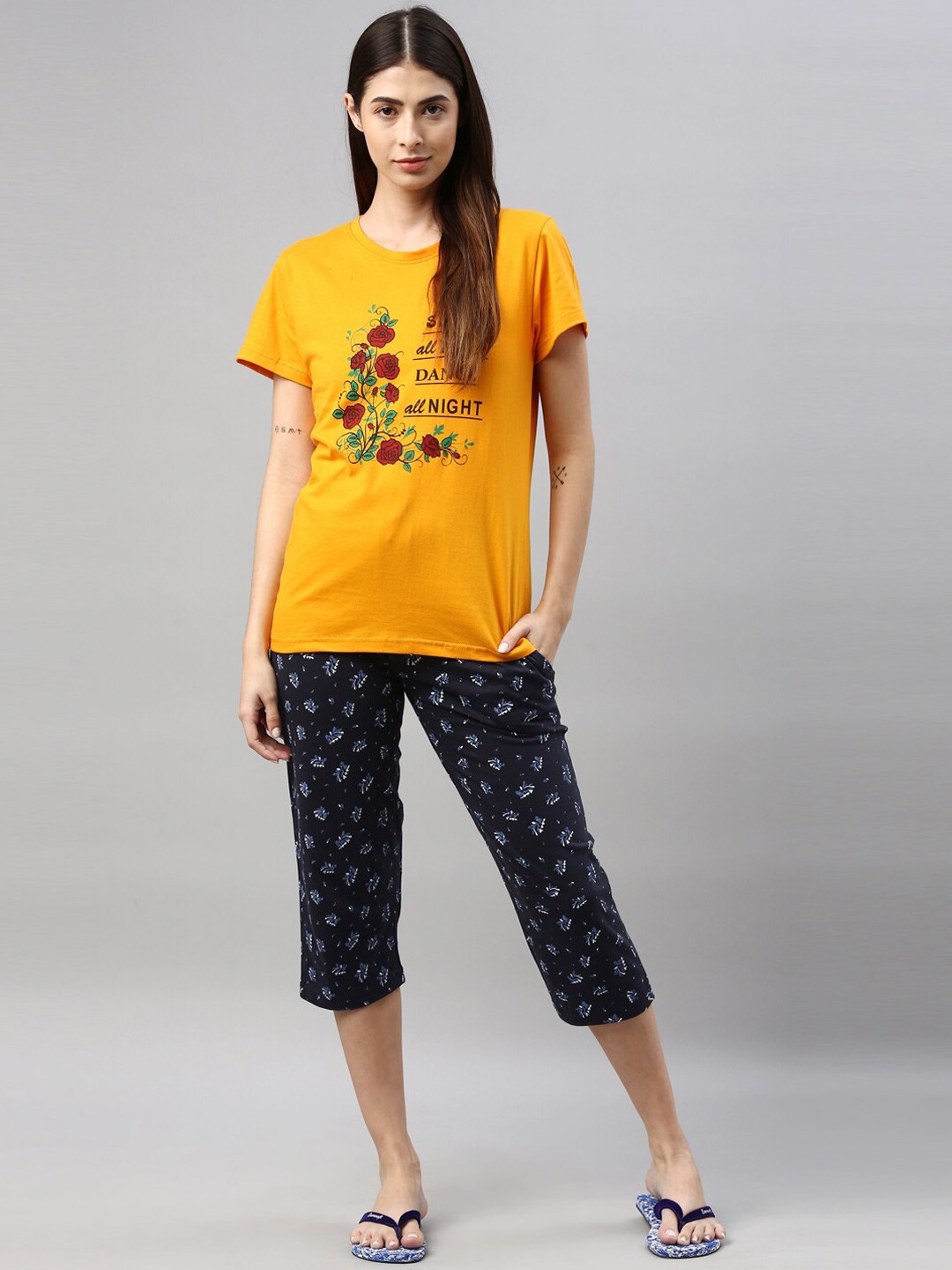 

Kryptic Women Mustard & Black Printed Night Suit