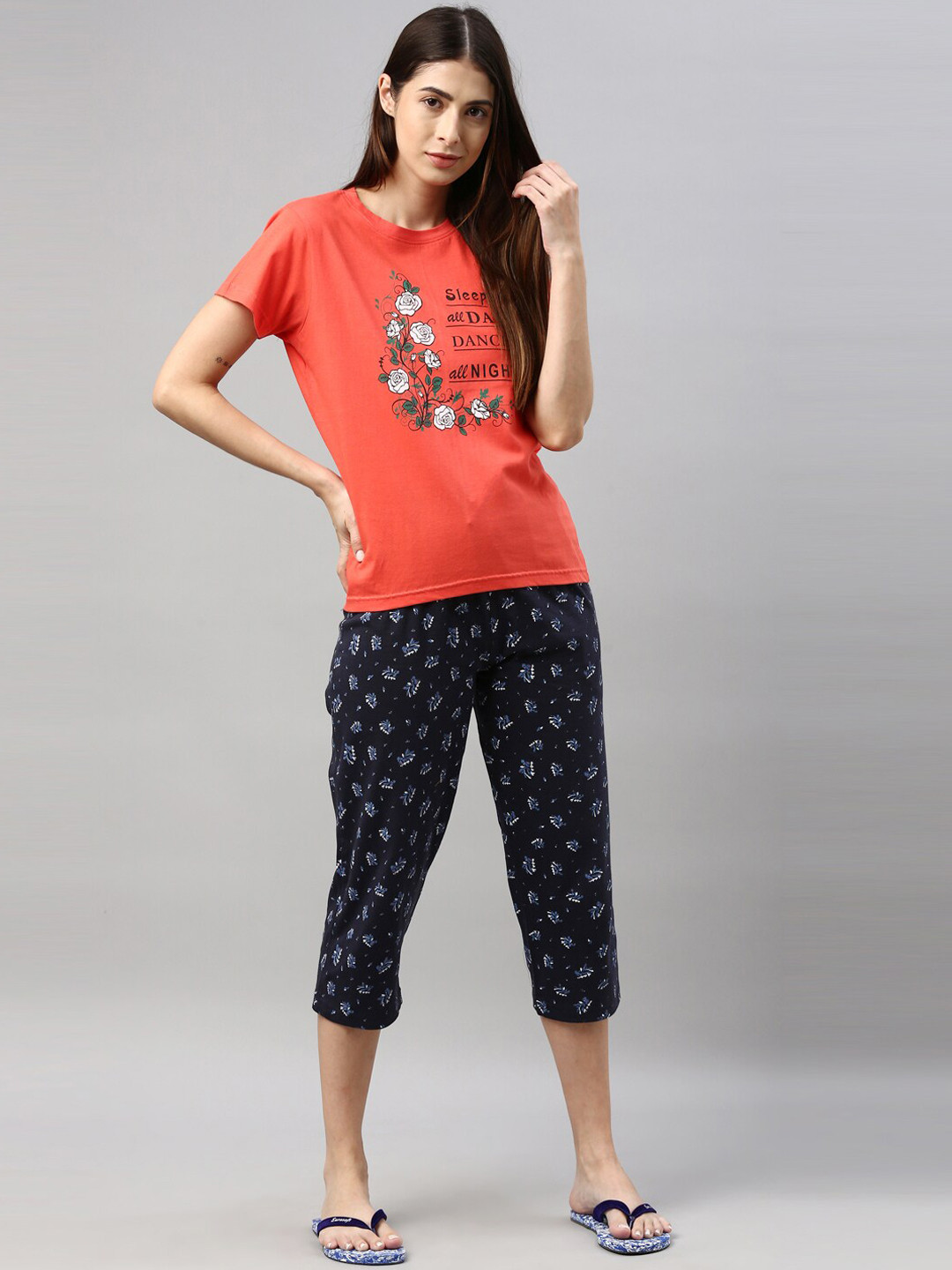 

Kryptic Women Coral & Navy Blue Printed Night suit
