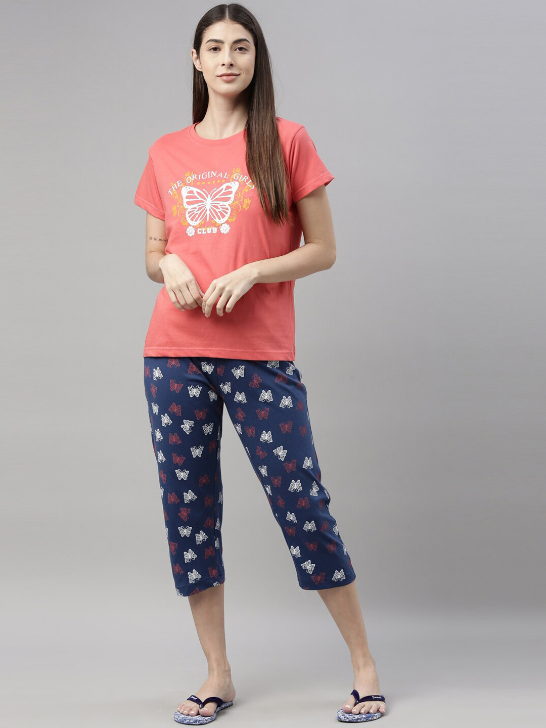 

Kryptic Women Coral & Navy Blue Printed Cotton Night Suit