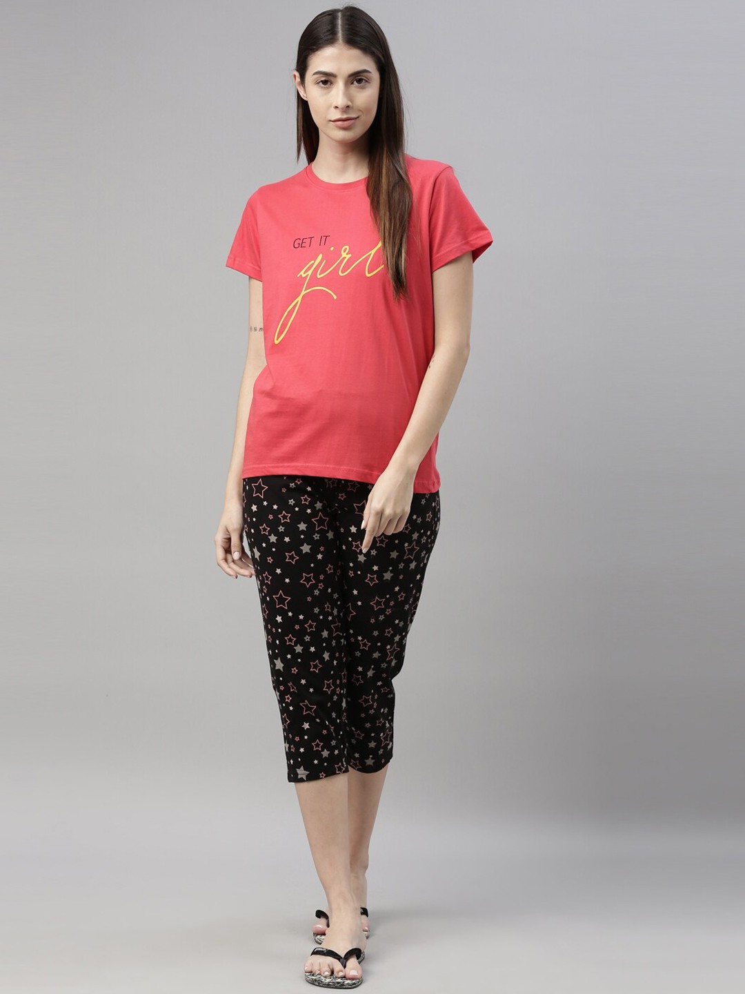 

Kryptic Women Fuchsia & Black Typography Printed Pure Cotton Night Suit