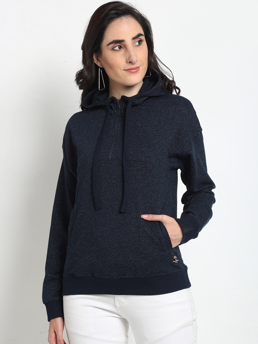 

Club York Women Navy Blue Solid Hooded Sweatshirt