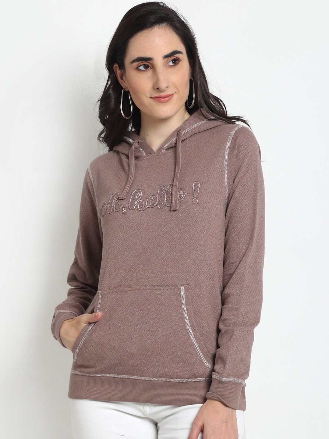 

Club York Women Mauve Typography Print Hooded Sweatshirt