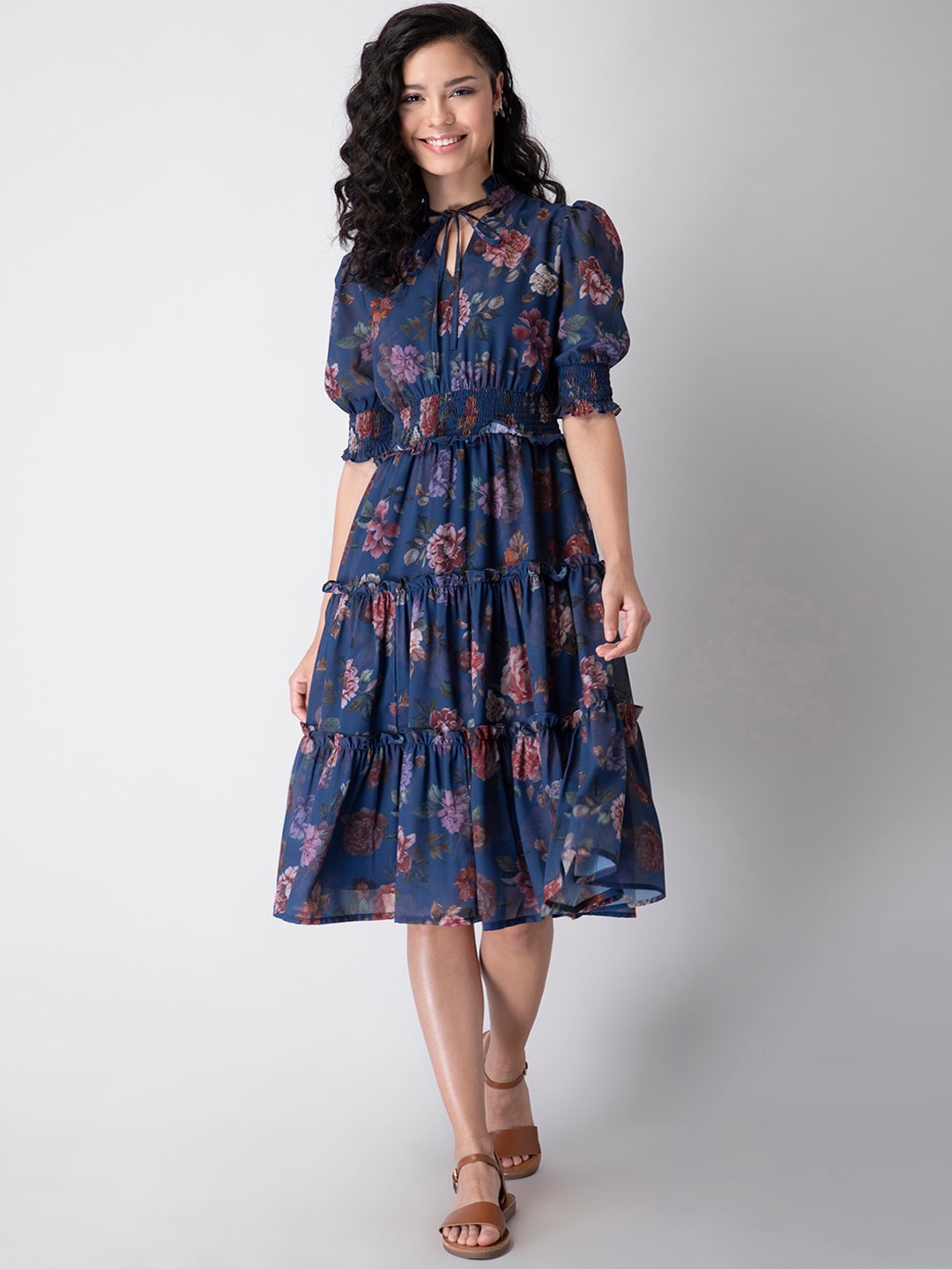

FabAlley Women Blue & Pink Floral Tie-Up Neck Georgette Midi Dress
