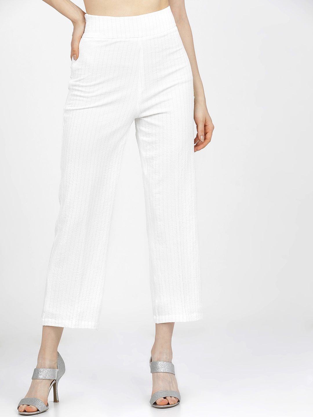 

Tokyo Talkies Women White Striped Flared High-Rise Trousers