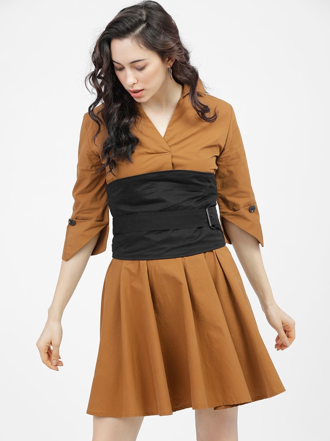 

Tokyo Talkies Brown & gunmetal Colourblocked Dress