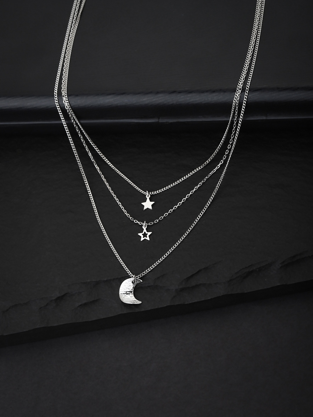

Carlton London Silver-Toned Rhodium-Plated Star & Moon Charms Layered Necklace