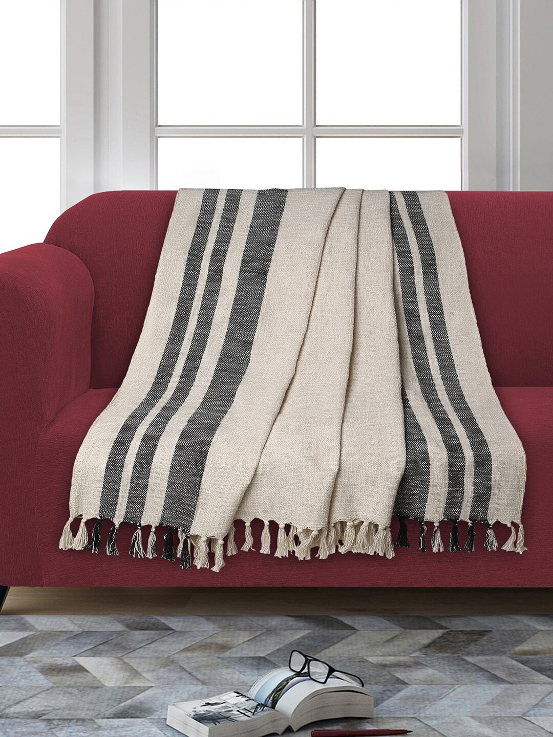 

Mezposh Droplet Cream & Black Cotton Viscose Blend Striped Sofa Throw