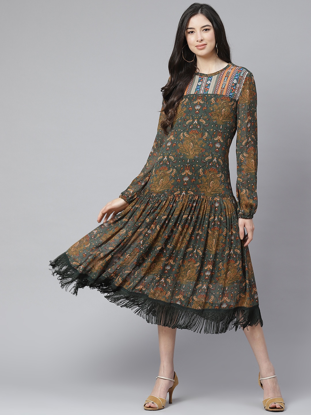 

Marks & Spencer Green & Orange Floral Fringed Drop-Waist Midi Dress