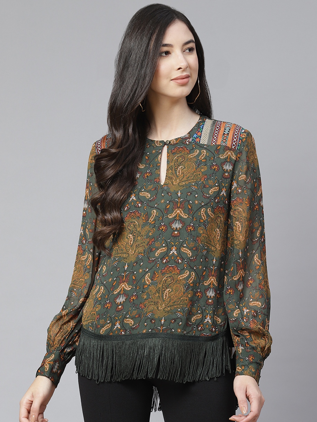 

Marks & Spencer Green & Orange Floral Keyhole Neck Blouson Top With Fringed Hem