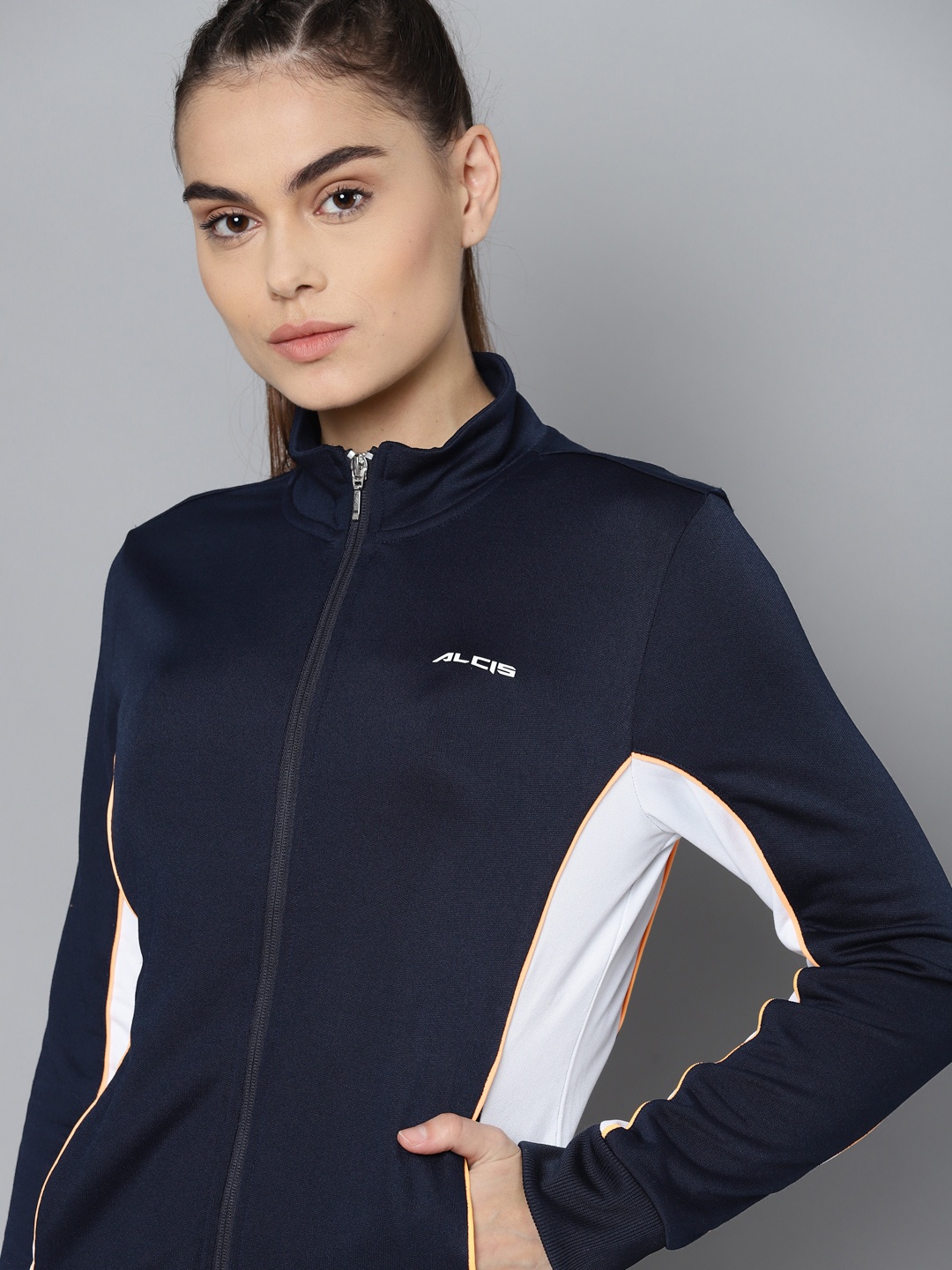 

Alcis Women Navy Blue White Colourblocked Sporty Jacket