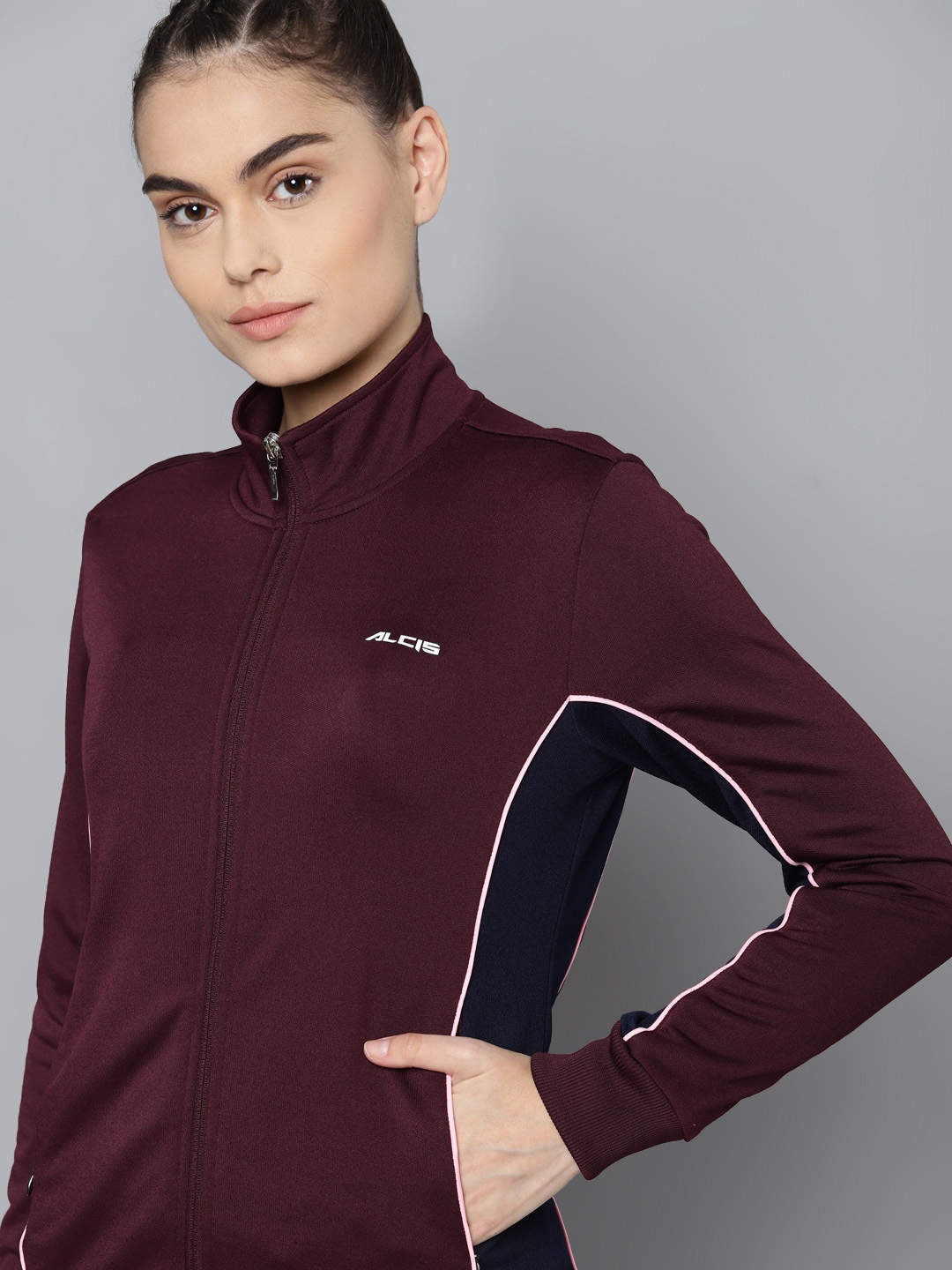 

Alcis Women Maroon Navy Blue Colourblocked Sporty Jacket