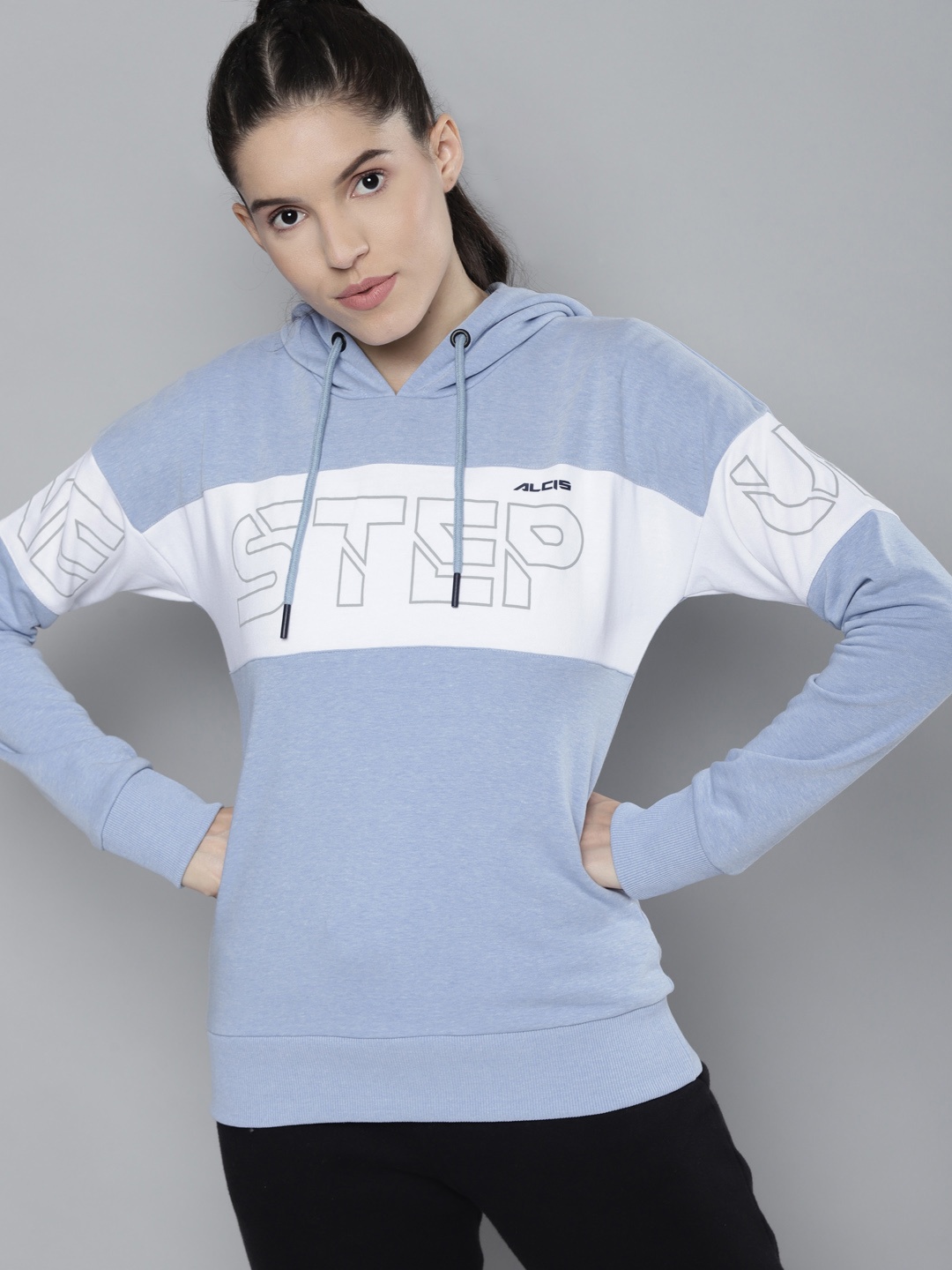

Alcis Women Blue Printed Hooded Sweatshirt