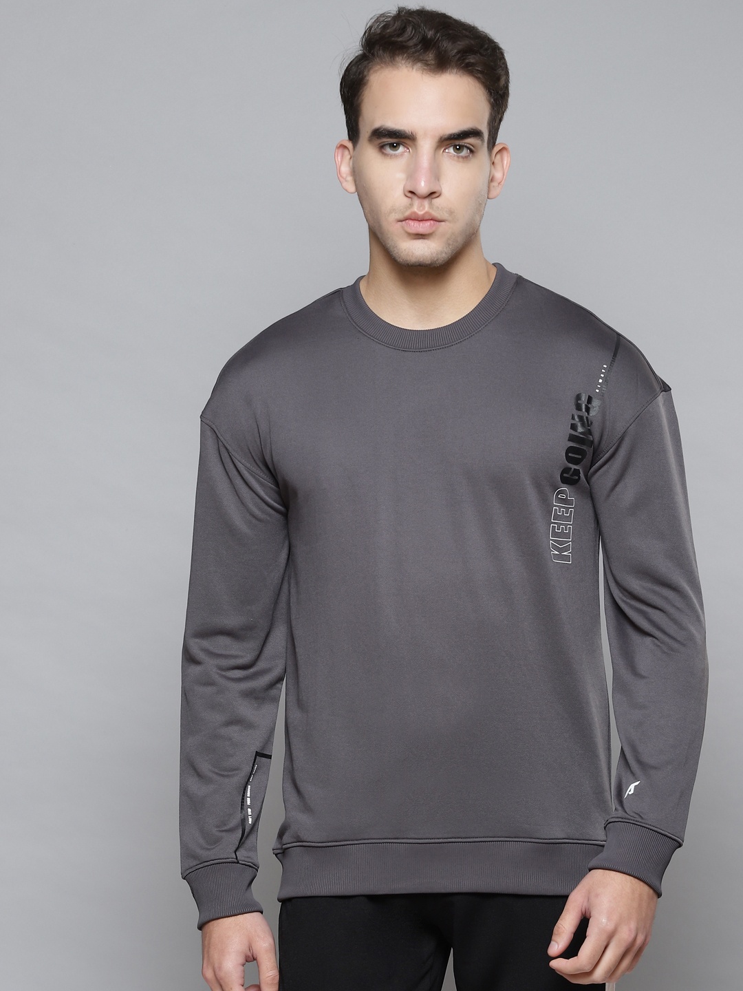 

Alcis Men Grey Solid Round Neck Sweatshirt with Print Detail