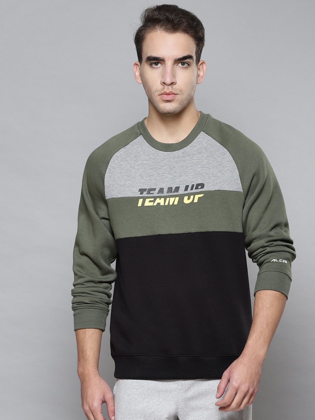 

Alcis Men Black & Olive Green Colourblocked Round Neck Sweatshirt with Print Detail