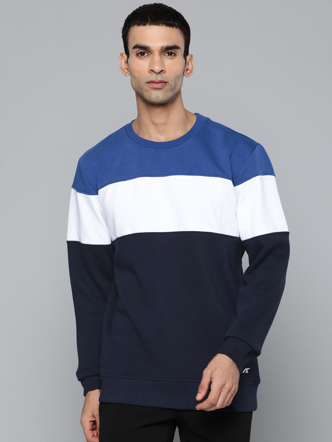 

Alcis Men Navy Blue & White Cotton Colourblocked Sweatshirt