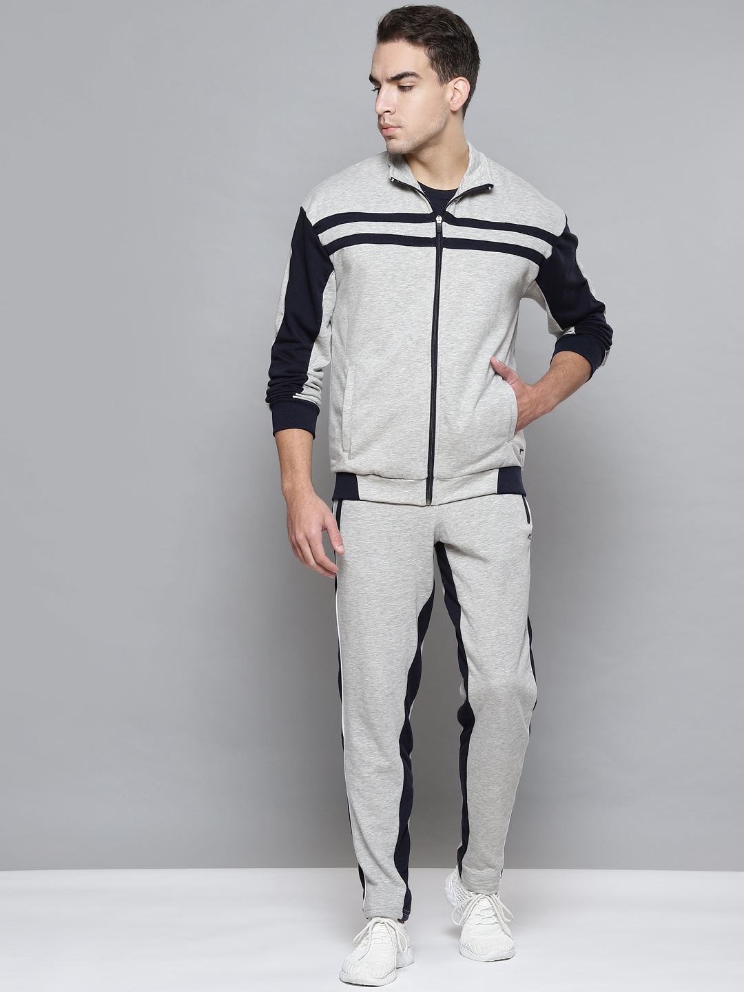 

Alcis Men Grey Melange & Navy Blue Colourblocked Solid Tracksuits