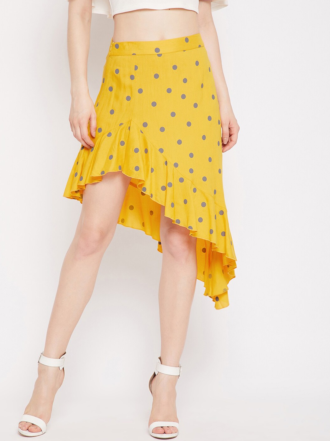 

Berrylush Women Yellow & Purple Polka Dot Printed A-line Midi Asymmetric Ruffled Hem Skirt