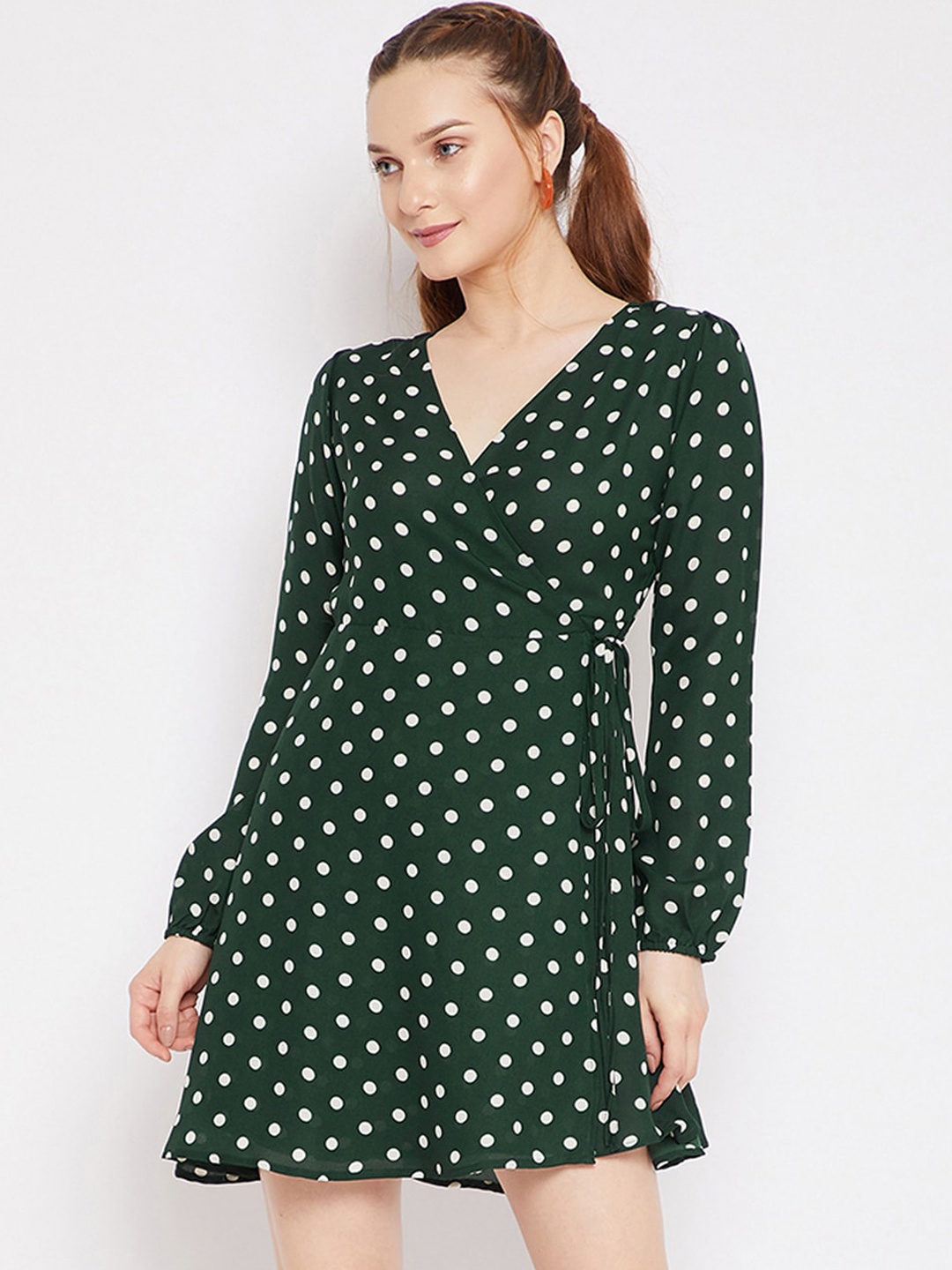 

Berrylush Women Green & White Polka Dot Printed Crepe Wrap Dress