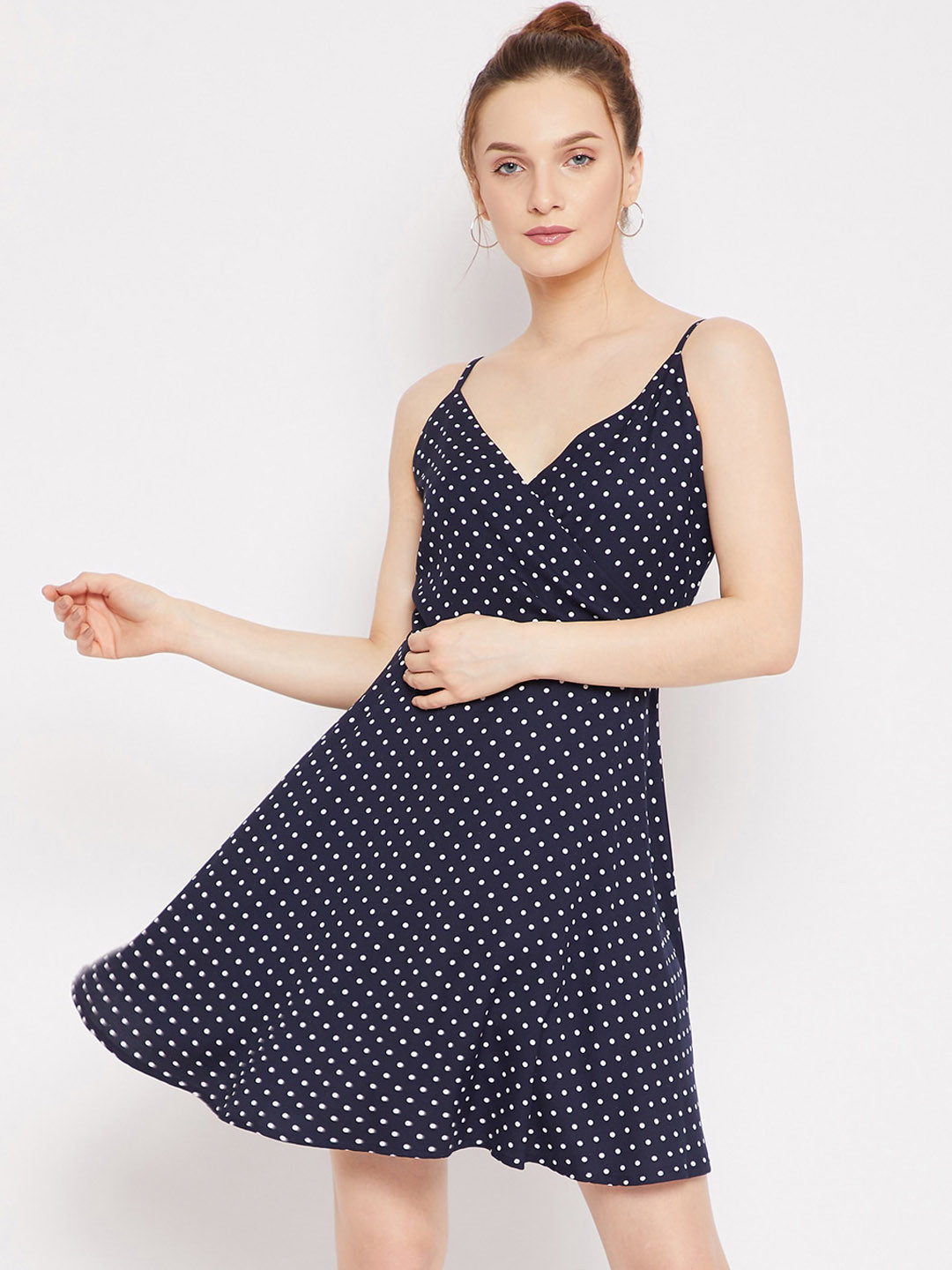 

Berrylush Women Navy Blue & White Polka Dot Printed Crepe Mini Dress