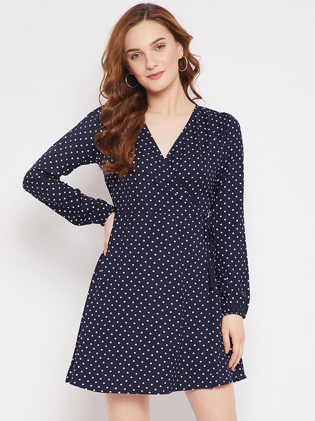 

Berrylush Women Navy Blue Polka Dots Printed Crepe Wrap Dress