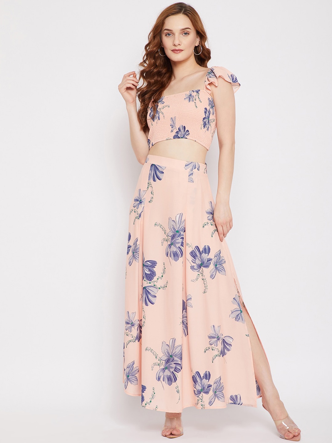 

Berrylush Peach-Coloured & Blue Floral Crepe Maxi Dress