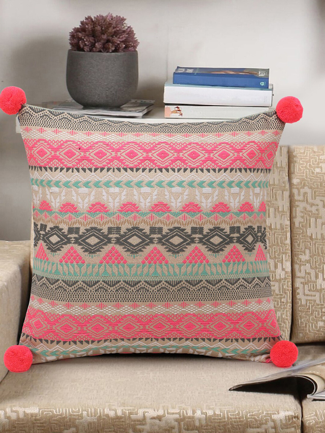 

Mezposh Beige & Coral Ethnic Motifs Jacquard Square Pompoms Detail Cushion Covers