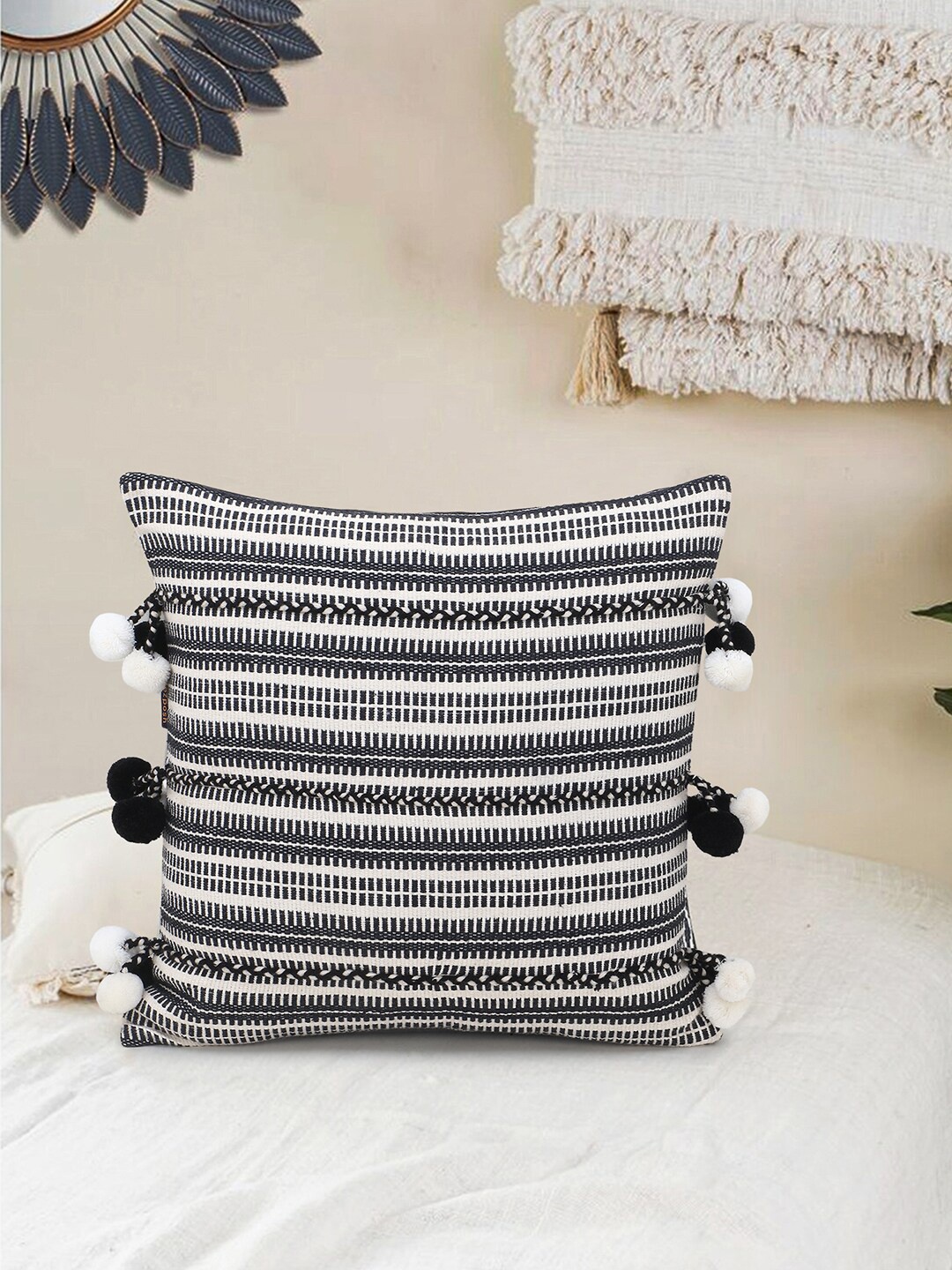 

Mezposh Off White & Black Striped Square Cushion Covers with Pompoms