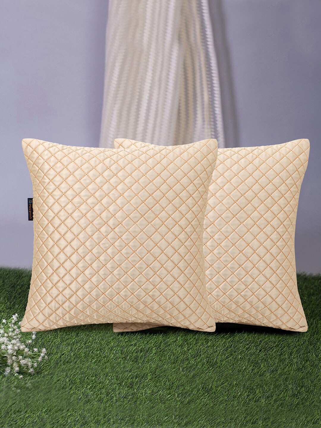 

Mezposh Set Of 2 Cream-Coloured Satin Harlequin Quilted Cushion Cover