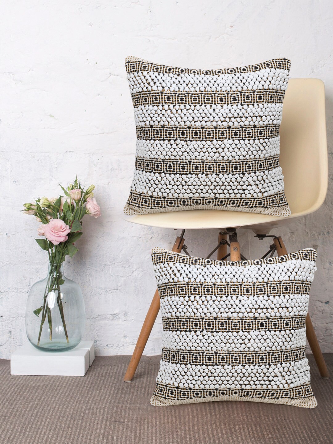 

Mezposh Set Of 2 Off White & Beige Striped Cotton Jacquard Square Cushion Covers