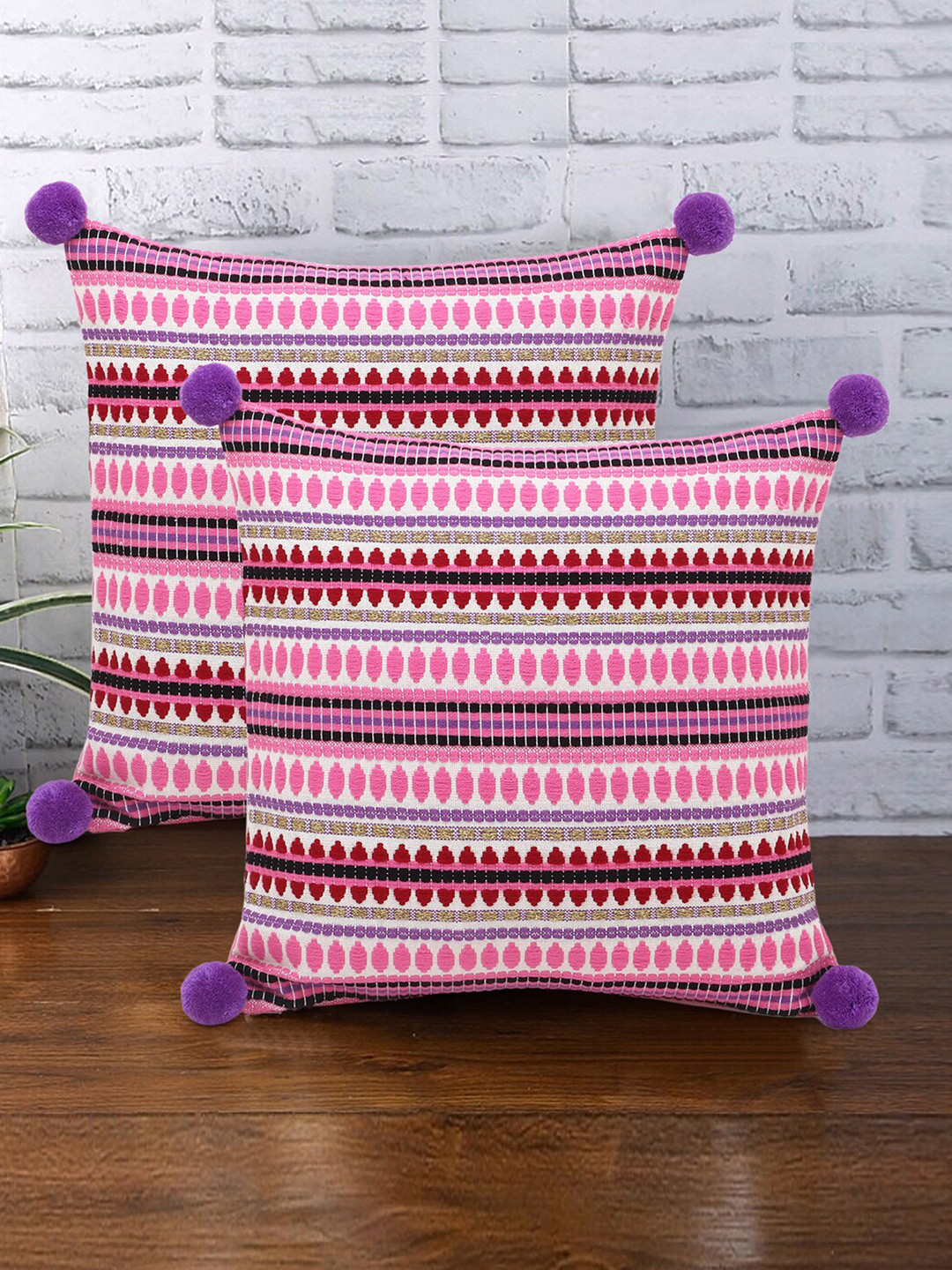 

Mezposh White & Pink Set of 2 Striped Square Cushion Covers with Pompoms