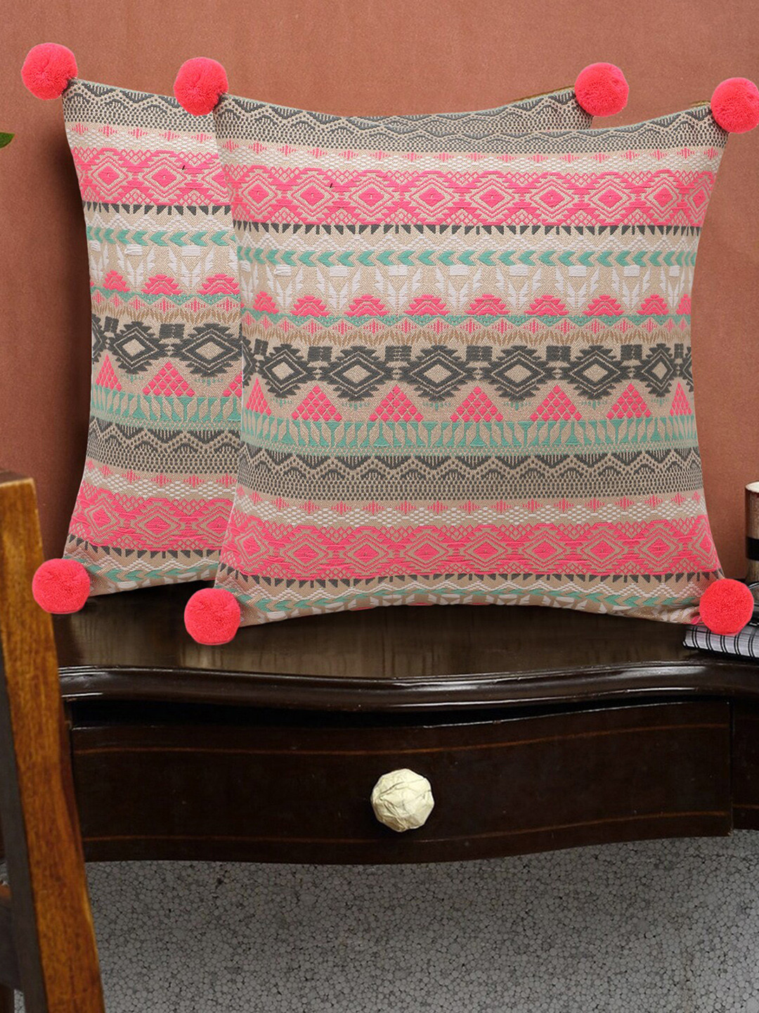 

Mezposh Beige & Coral Set of 2 Ethnic Motifs Square Cushion Covers